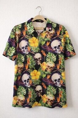 Tropical Jungle Flowers Skulls Palm Leaves Polo Shirt Large New A300 Excellent